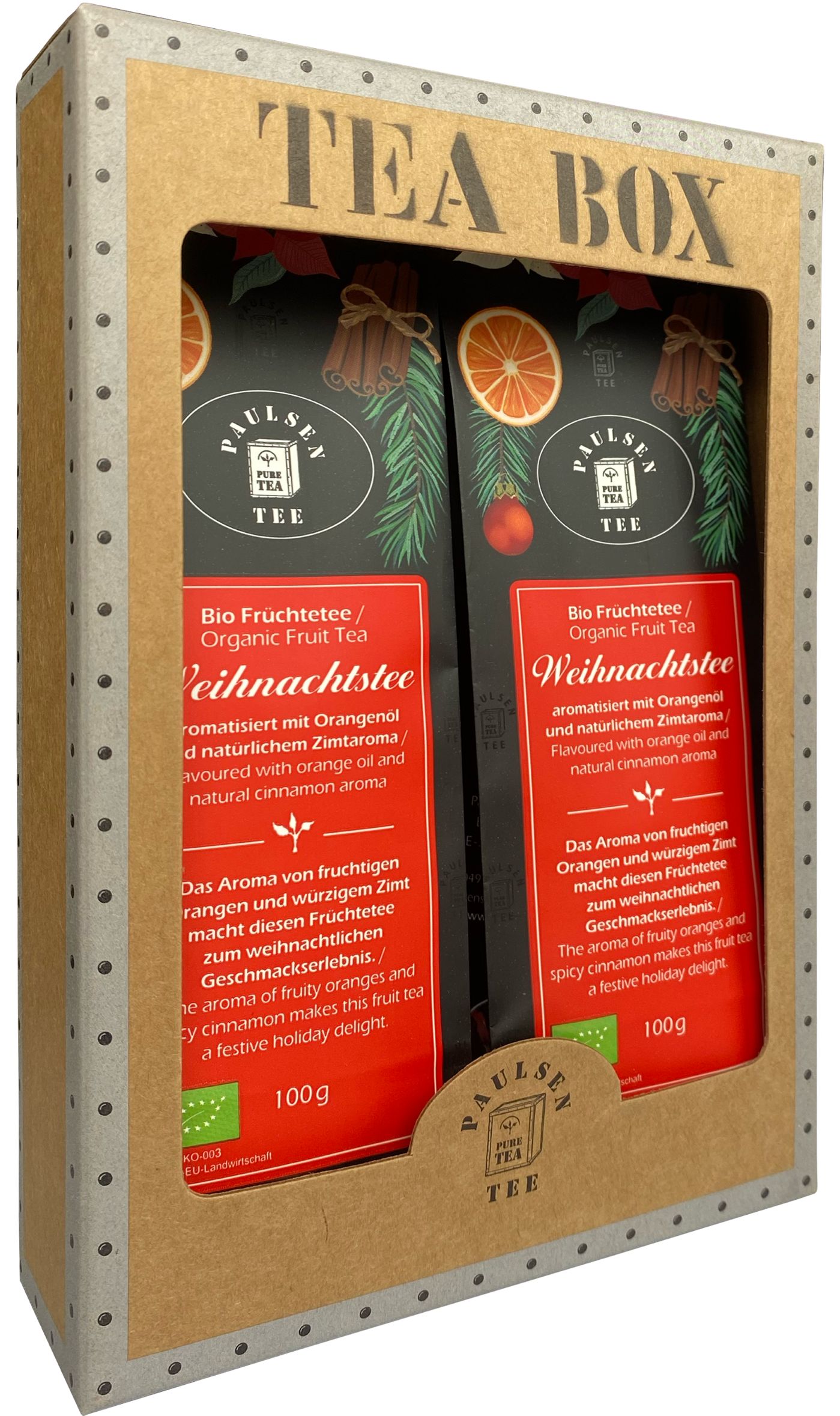 Geschenkbox mit zwei Beuteln Paulsen Bio Weihnachtsfrüchtetee. Schräge Ansicht. Rote Verpackung mit Text und Logo. Orangen, Zimt, Tannenzweige.