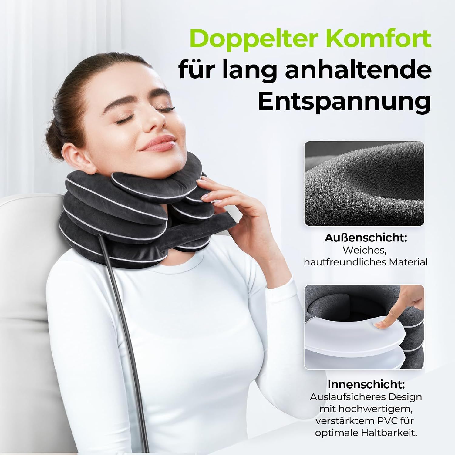 Aufblasbares Nackenkissen mit weicher Außenschicht und verstärkter PVC-Innenschicht.