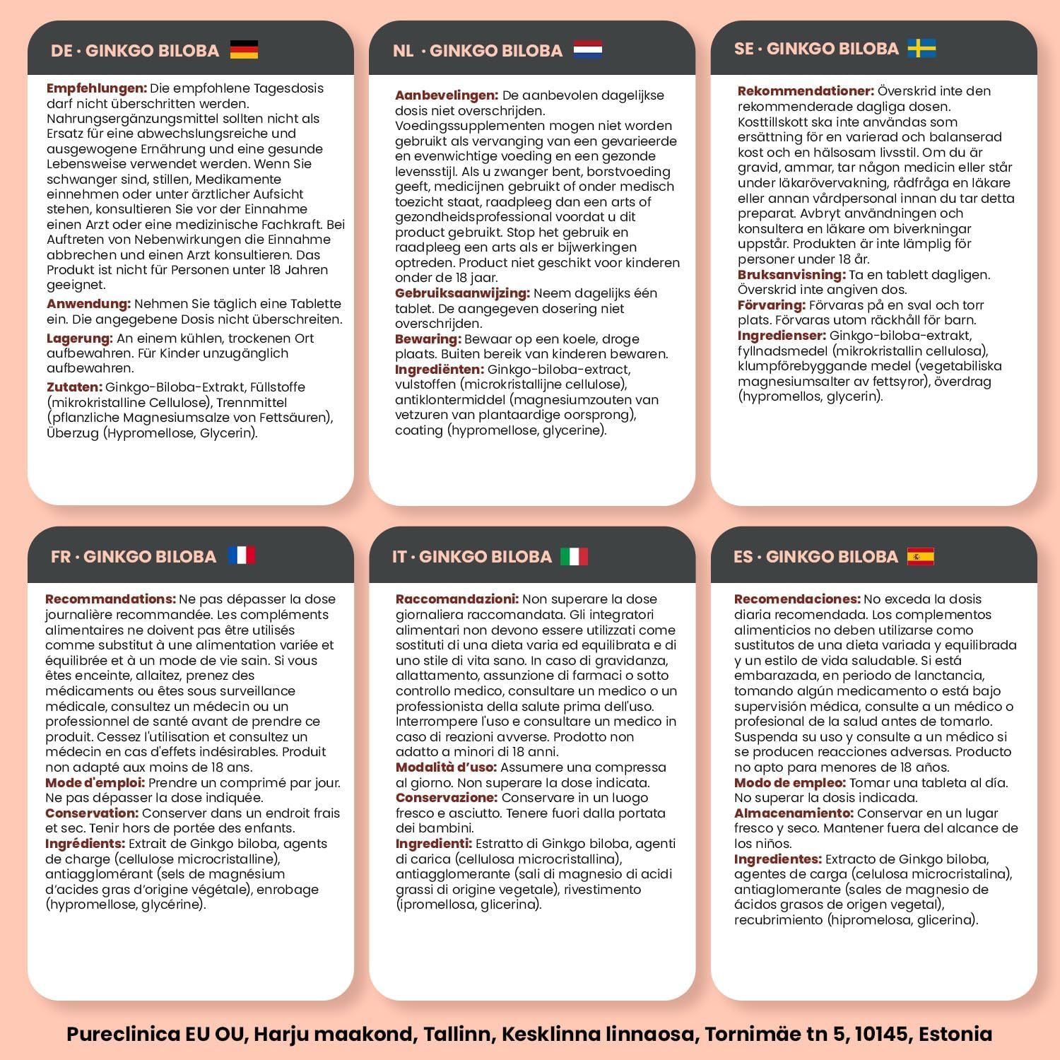 Mehrsprachige Informationen zu Ginkgo Biloba Tabletten. Empfehlungen, Inhaltsstoffe, Anwendungshinweise in Deutsch, Französisch, Italienisch, etc.