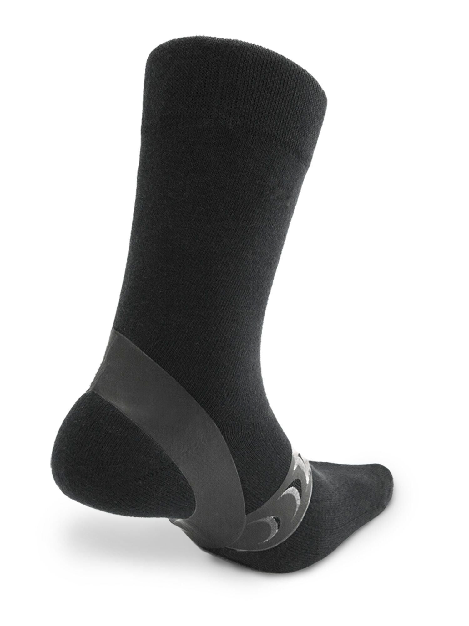 Schwarze Socke mit integriertem, schwarzem, stabilisierendem Element, das den Knöchel umschließt. Rückansicht.