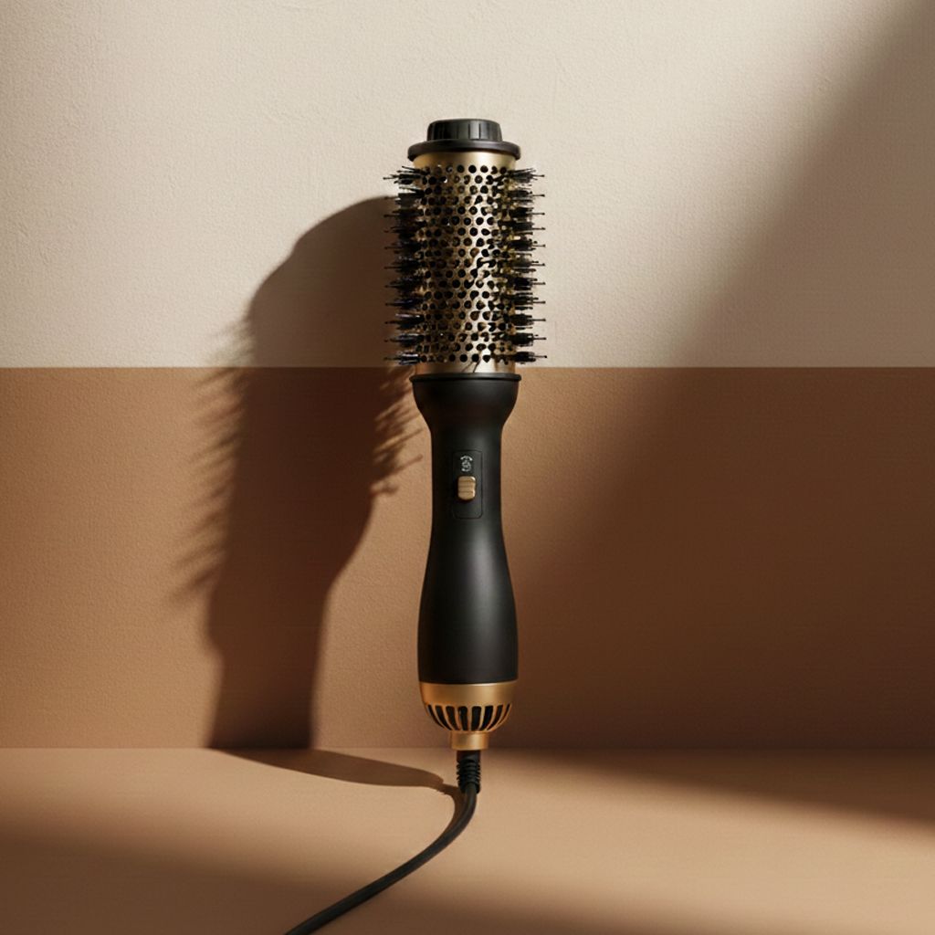 Schwarze und goldene elektrische Haarstylingbürste mit Rundbürstenkopf, auf einem Tisch liegend.