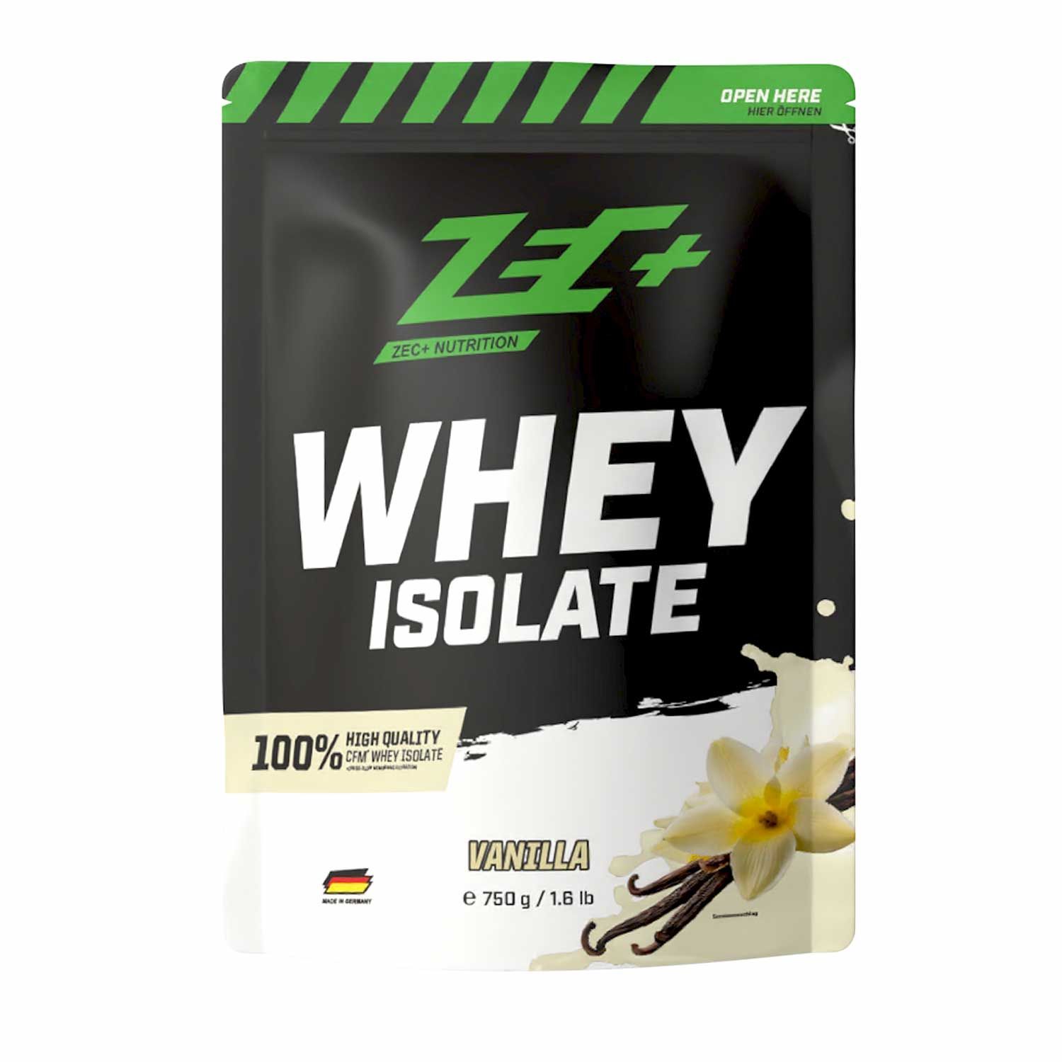ZEC+ Whey Isolate Vanille-Beutel. Schwarzer Beutel mit grünem Streifenmuster. Produktname und Vanille-Abbildung.