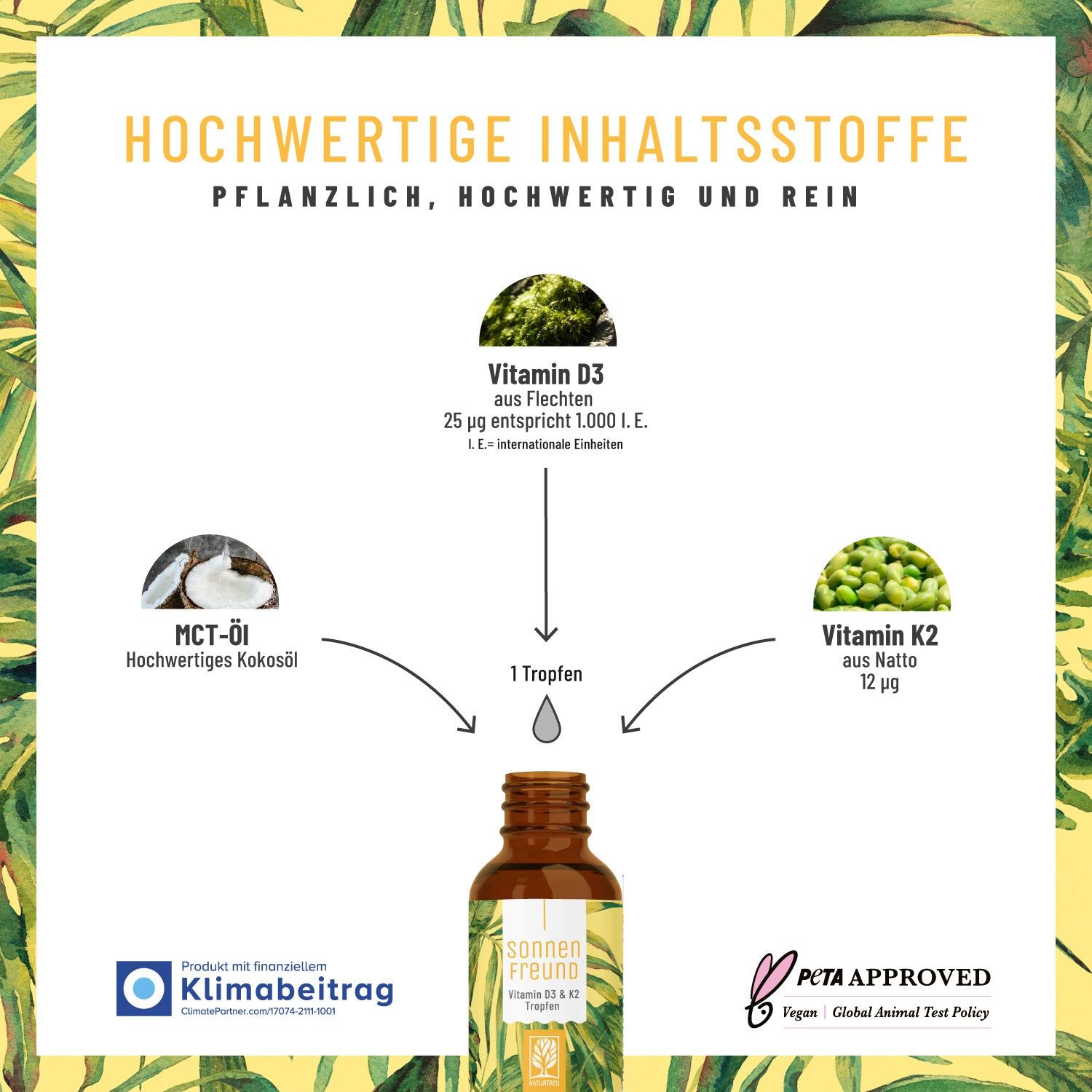Braune Glasflasche mit Pipette und gelbem Etikett. Text: SonnenFreunde, Vitamin D3 & K2 Tropfen. Inhaltsstoffe: MCT-Öl, Vitamin D3, Vitamin K2. PETA-Logo.