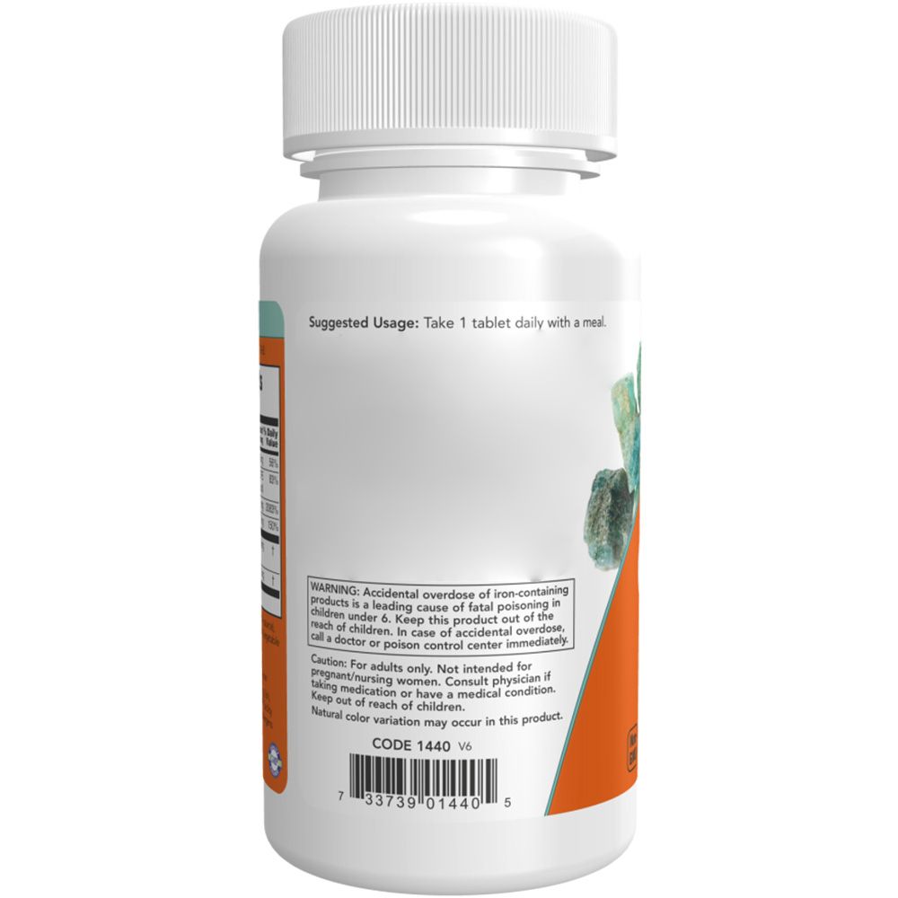 Rückseite der weißen Flasche. Etikett mit Anwendungshinweisen und Warnhinweisen. Marke: NOW.