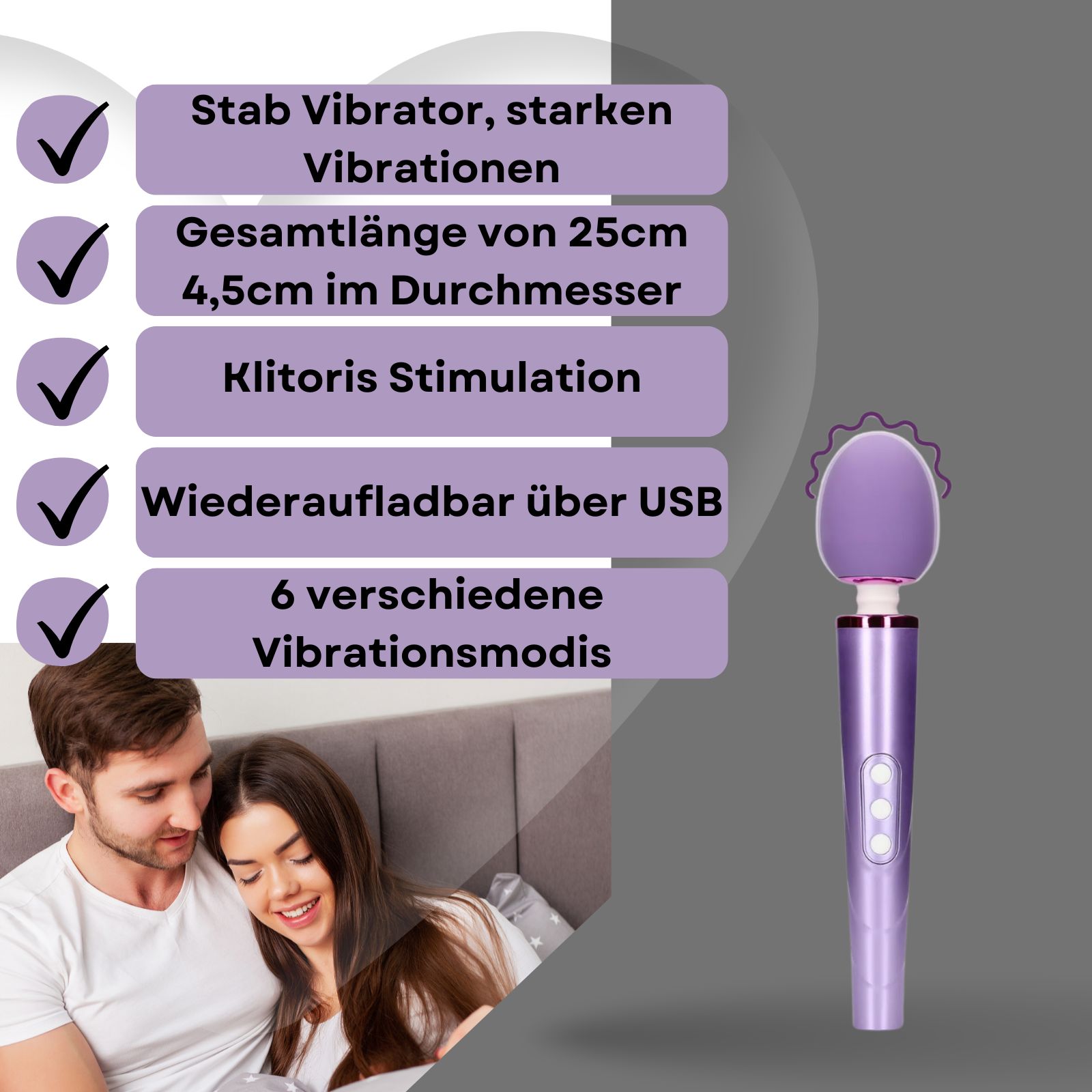 Lila Stabvibrator. Text: Vibrationsmodi, USB-Aufladung, 25 cm lang, 4,5 cm Durchmesser. Paar im Hintergrund.