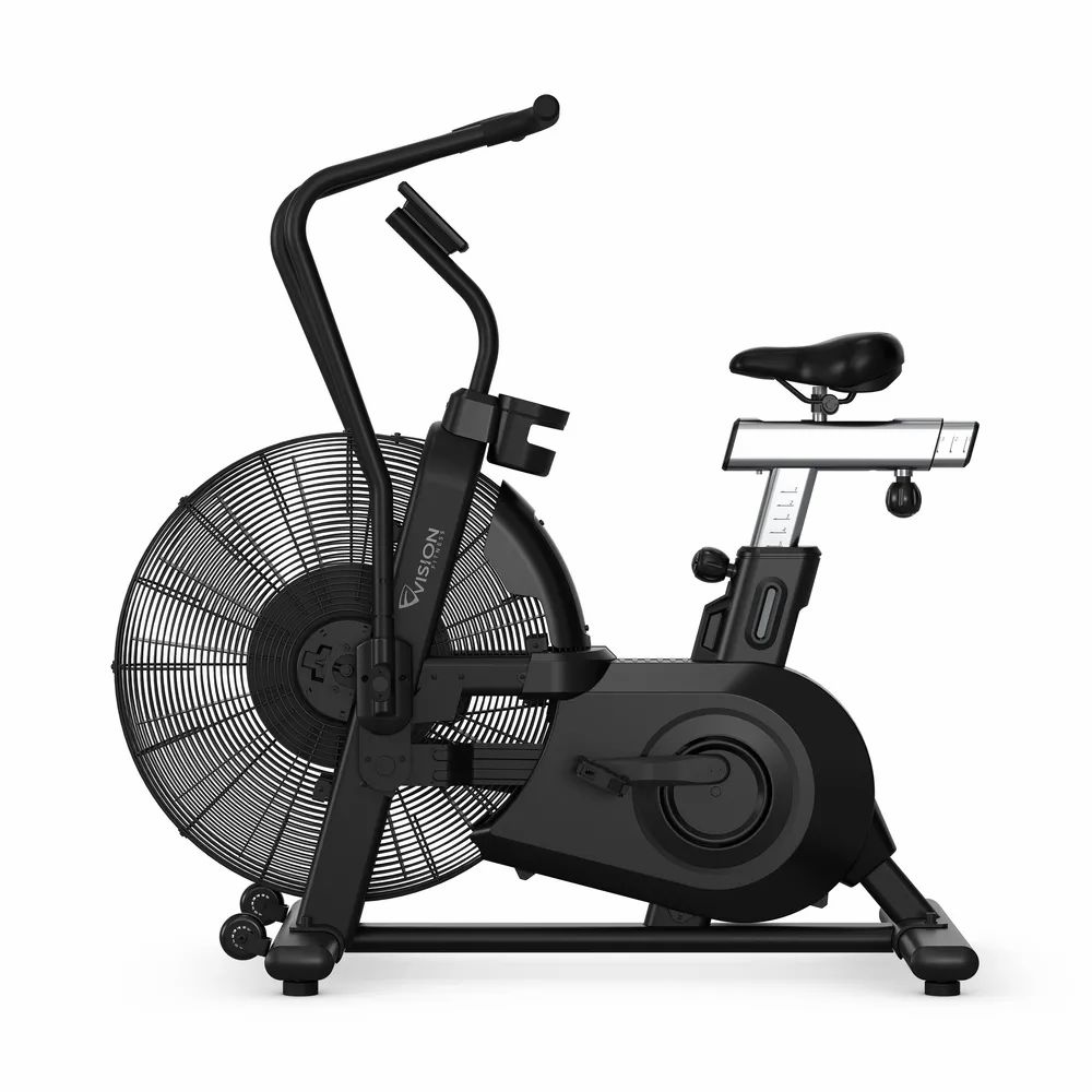 Schwarzes Air Bike mit Vision-Logo, Lüfterrad, Sattel und Lenker. Fitnessgerät für Cardio-Training.