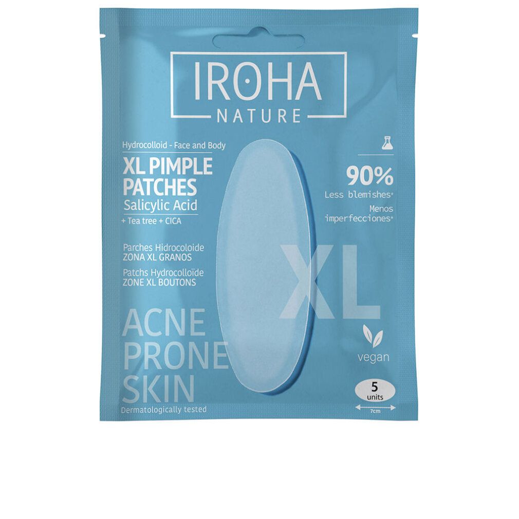 Blau-weiße Verpackung mit Pflastern. Text: IROHA NATURE, XL Pimple Patches, Salicylsäure, für zu Akne neigende Haut. 5 Stück.