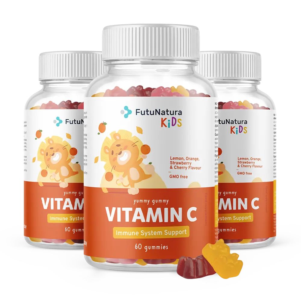 Drei Flaschen FutuNatura Vitamin C Gummibärchen für Kinder. Sorgen für das Wohl der Kleinen.