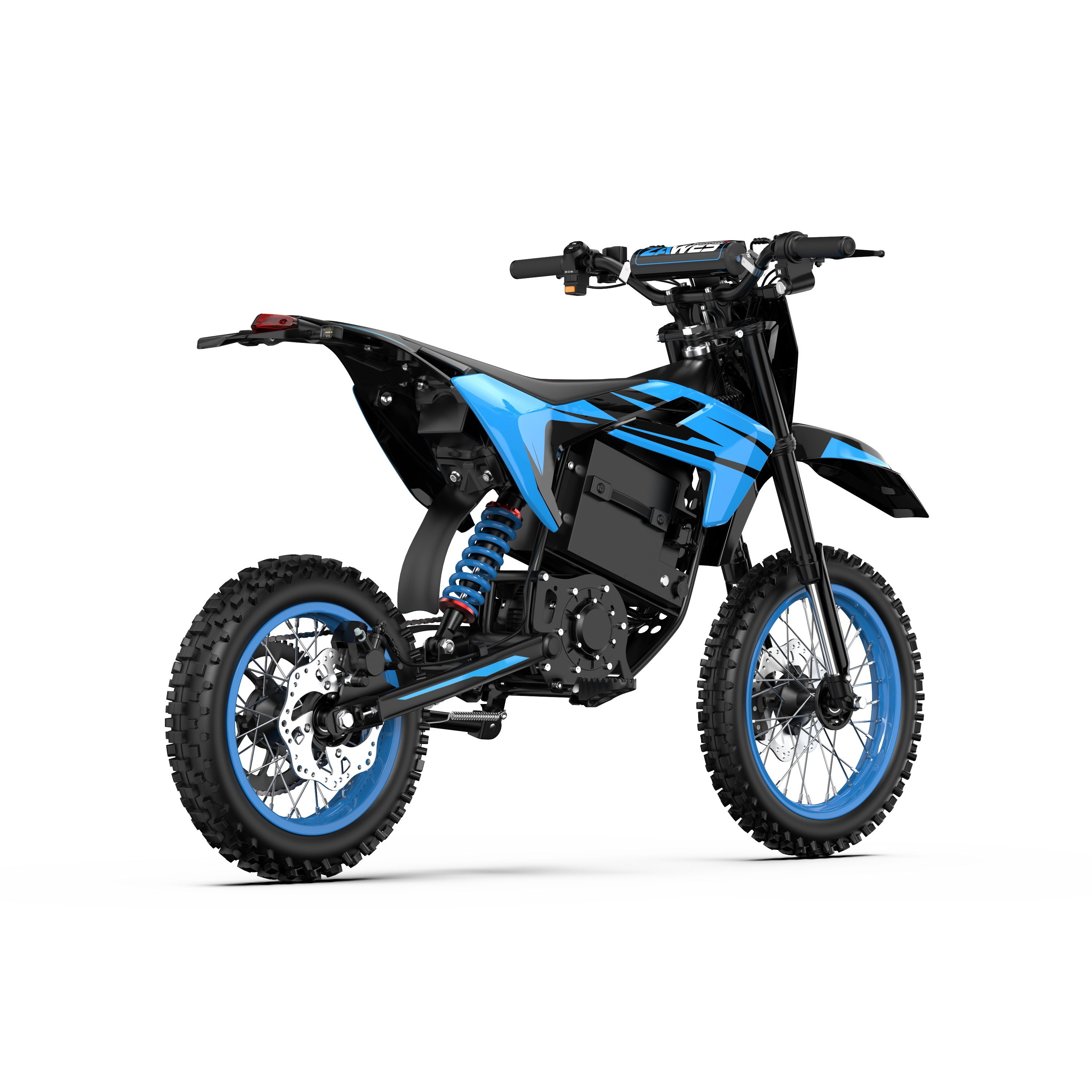 Elektro-Motocross-Motorrad, schwarz und blau. Blaue Felgen, schwarze Reifen. Marke "ZAWES" sichtbar.