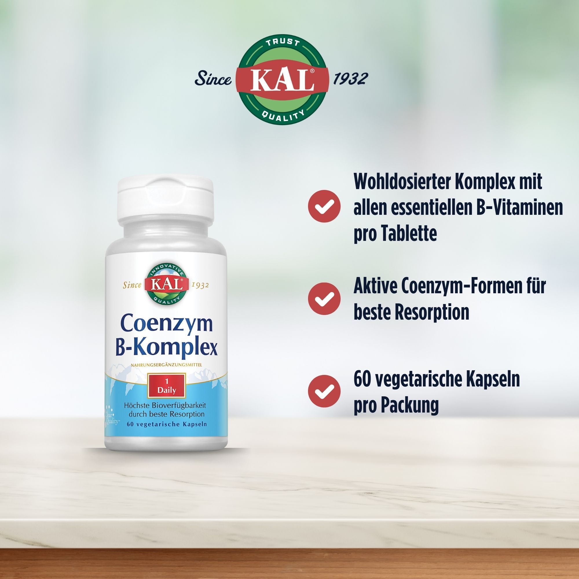 Flasche KAL Coenzym B-Komplex auf Tisch. Text: Aktive Coenzym-Formen, 60 Kapseln.