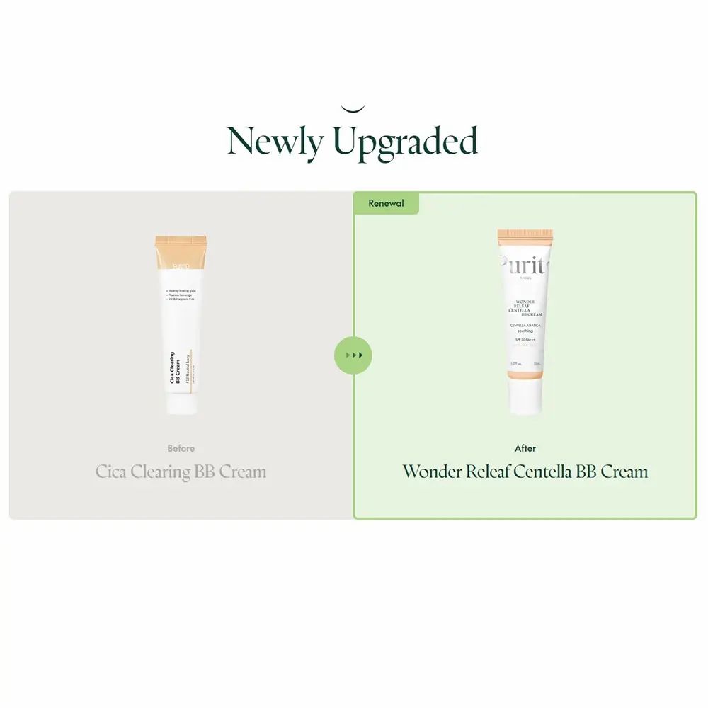 Vergleich Cica Clearing BB Cream und Wonder Releaf Centella BB Cream. Zwei Tuben. Text: Newly Upgraded.