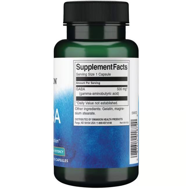Rückseite der grünen Flasche. Aufschrift: Supplement Facts. GABA, 500 mg. Weitere Inhaltsstoffe: Gelatine, Magnesiumstearat.