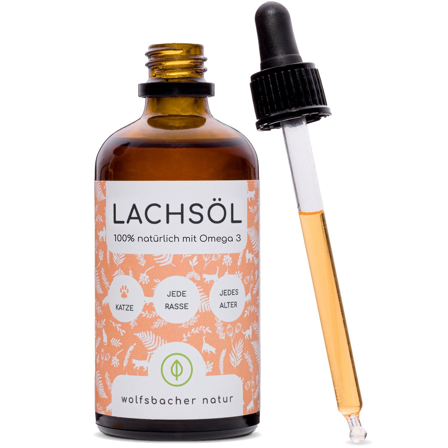 Braune Glasflasche mit Lachsöl und Pipette. Aufschrift: Lachsöl, 100% natürlich mit Omega 3. Für Katze, jede Rasse, jedes Alter.