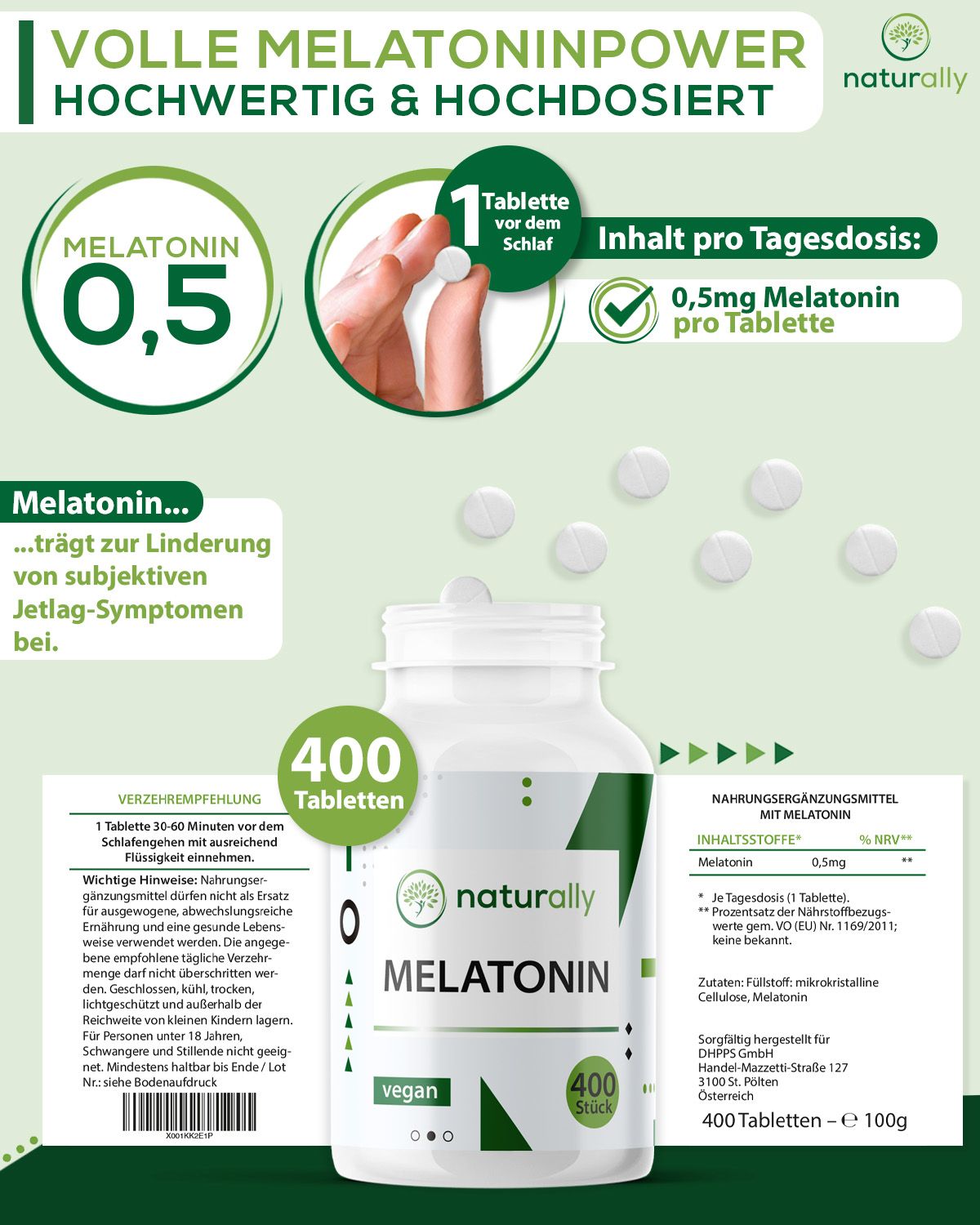 Flasche "naturally Melatonin" mit Tabletten. Text: 0,5mg Melatonin pro Tablette. 400 Tabletten. Inhaltsstoffe. Frau hält Tablette.