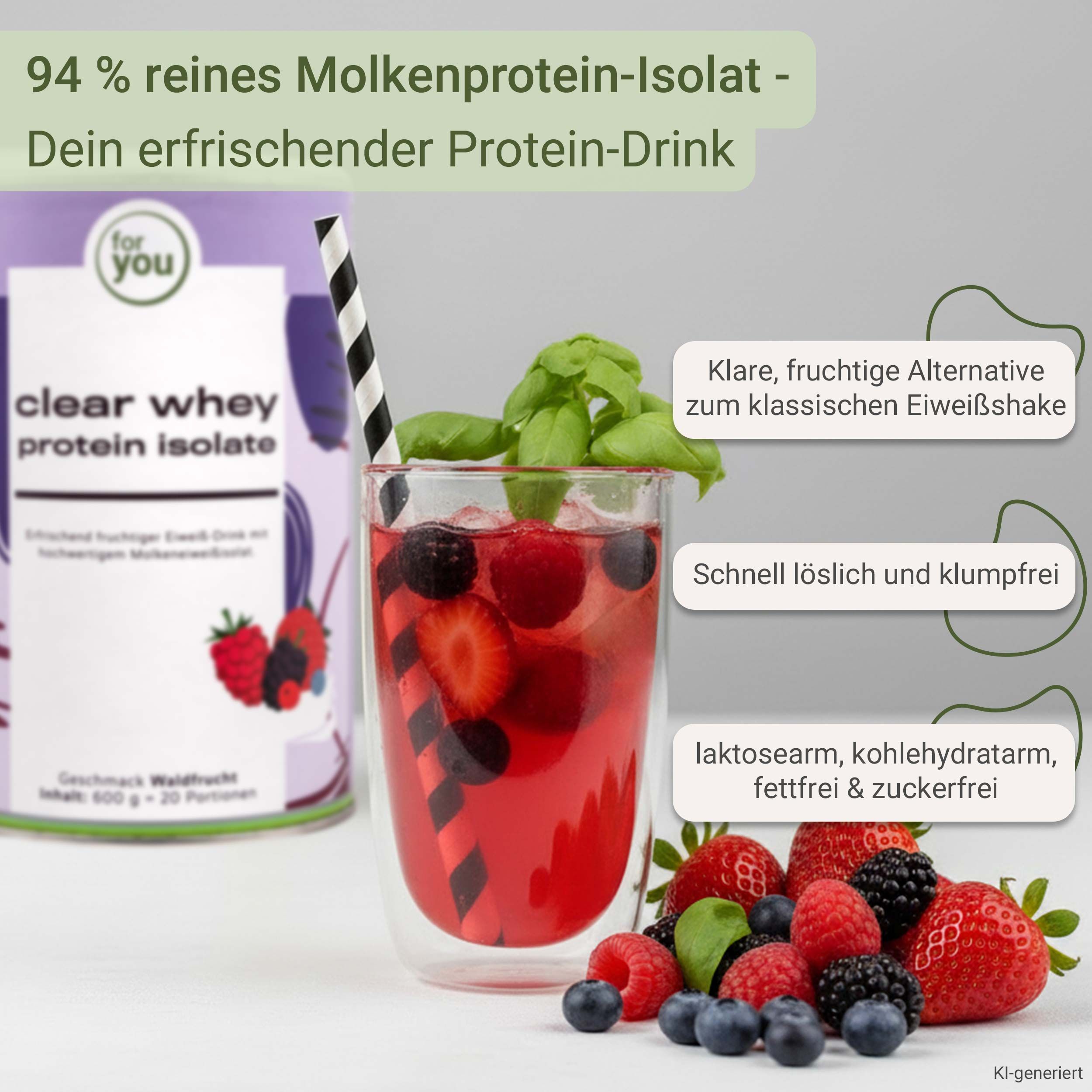 Glas mit rotem Protein-Drink, Beeren und einer Dose Clear Whey Protein Isolate.