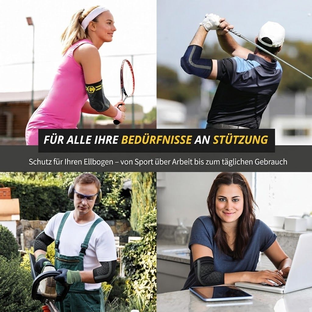 Collage: Tennis, Golf, Gartenarbeit, Büroarbeit mit Ellbogenbandagen.
