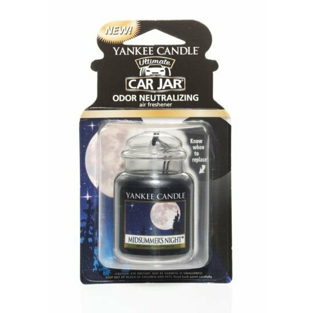 Lufterfrischer im Glasbehälter mit Aufhängung. Verpackt in Blisterverpackung. Aufschrift: Yankee Candle, Midsummers Night.
