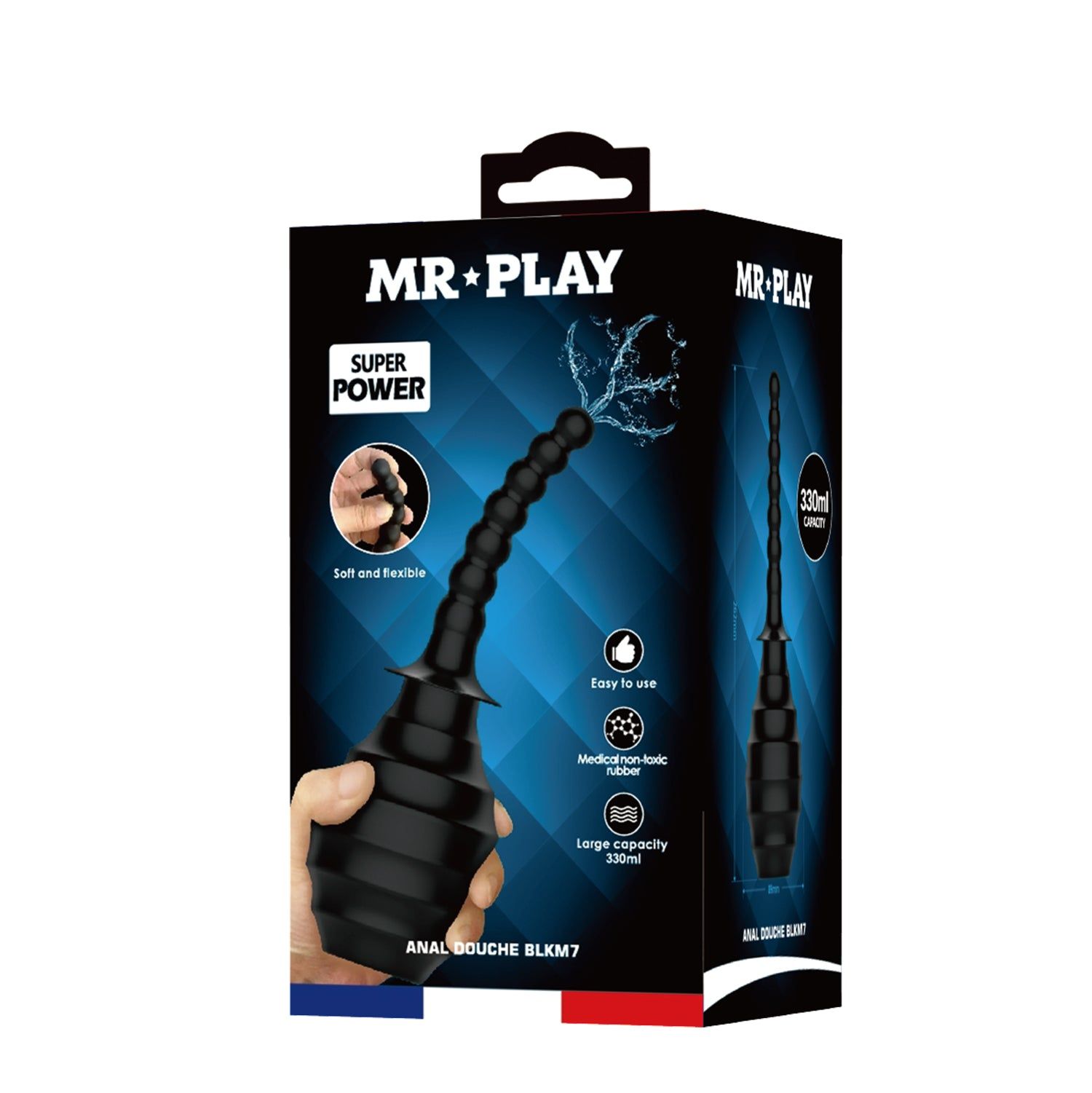 Verpackung mit Produktabbildung. Text: MR*PLAY, SUPER POWER, ANAL DOUCHE BLKM7, 330ml.