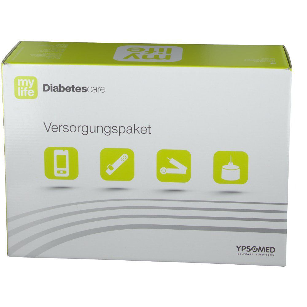 Verpackung des mylife Versorgungspaket. Aufschrift: Diabetescare, Versorgungspaket. Logos und Piktogramme. YPSOMED-Logo.