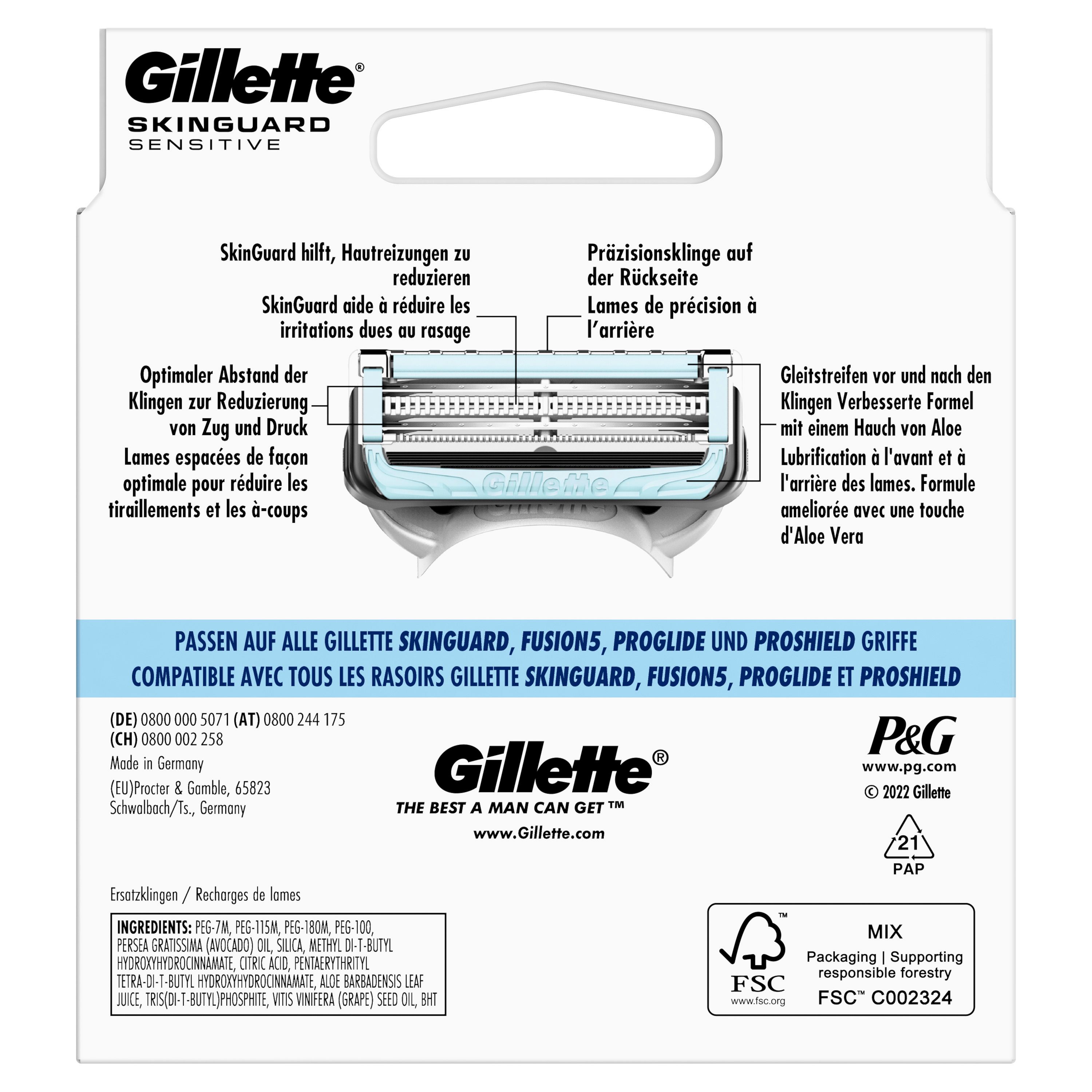 Rückseite der Gillette SkinGuard Sensitive Rasierklinge. Produktinformationen und Zertifizierungen.
