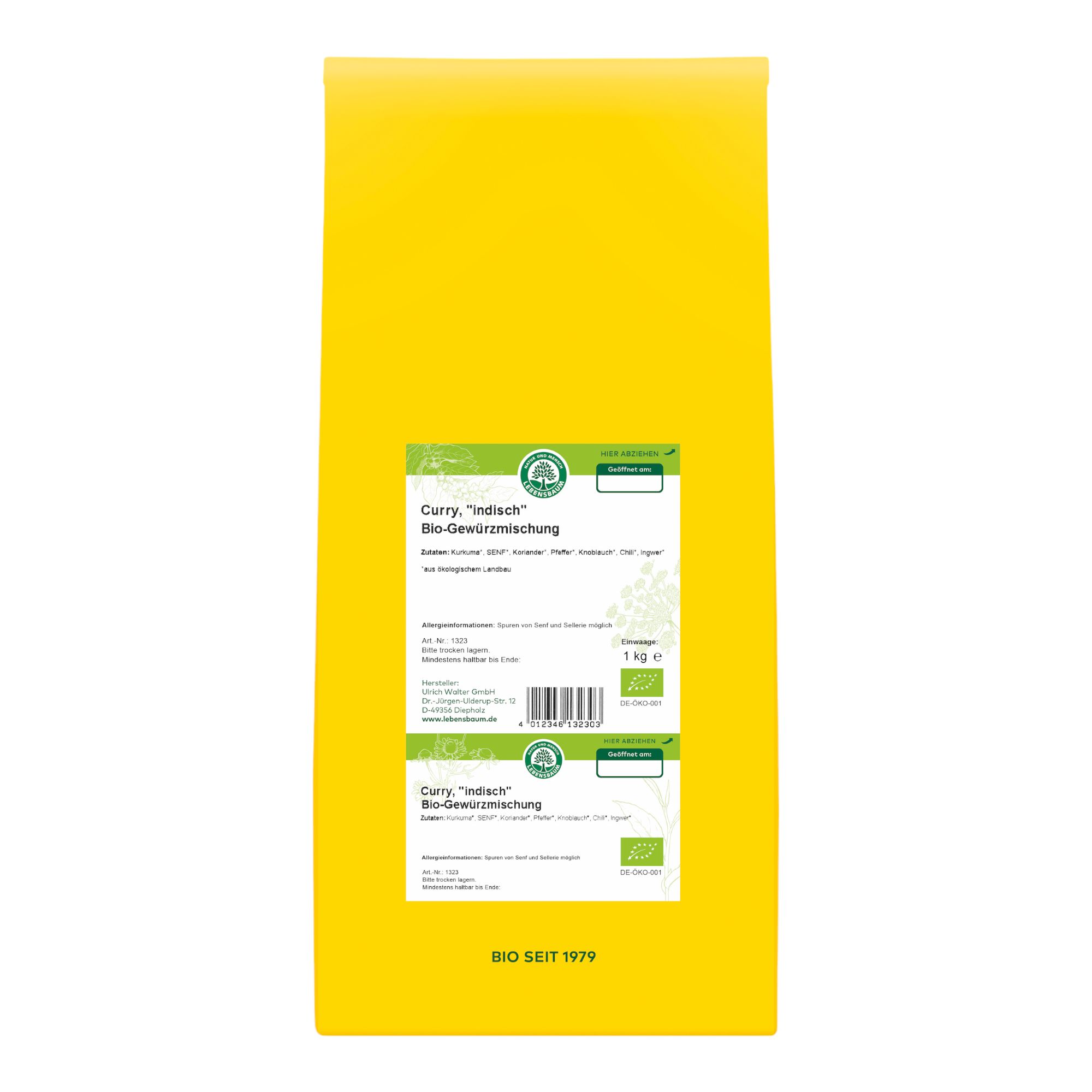 Gelbe Tüte mit indischer Bio-Curry-Gewürzmischung, 1 kg.