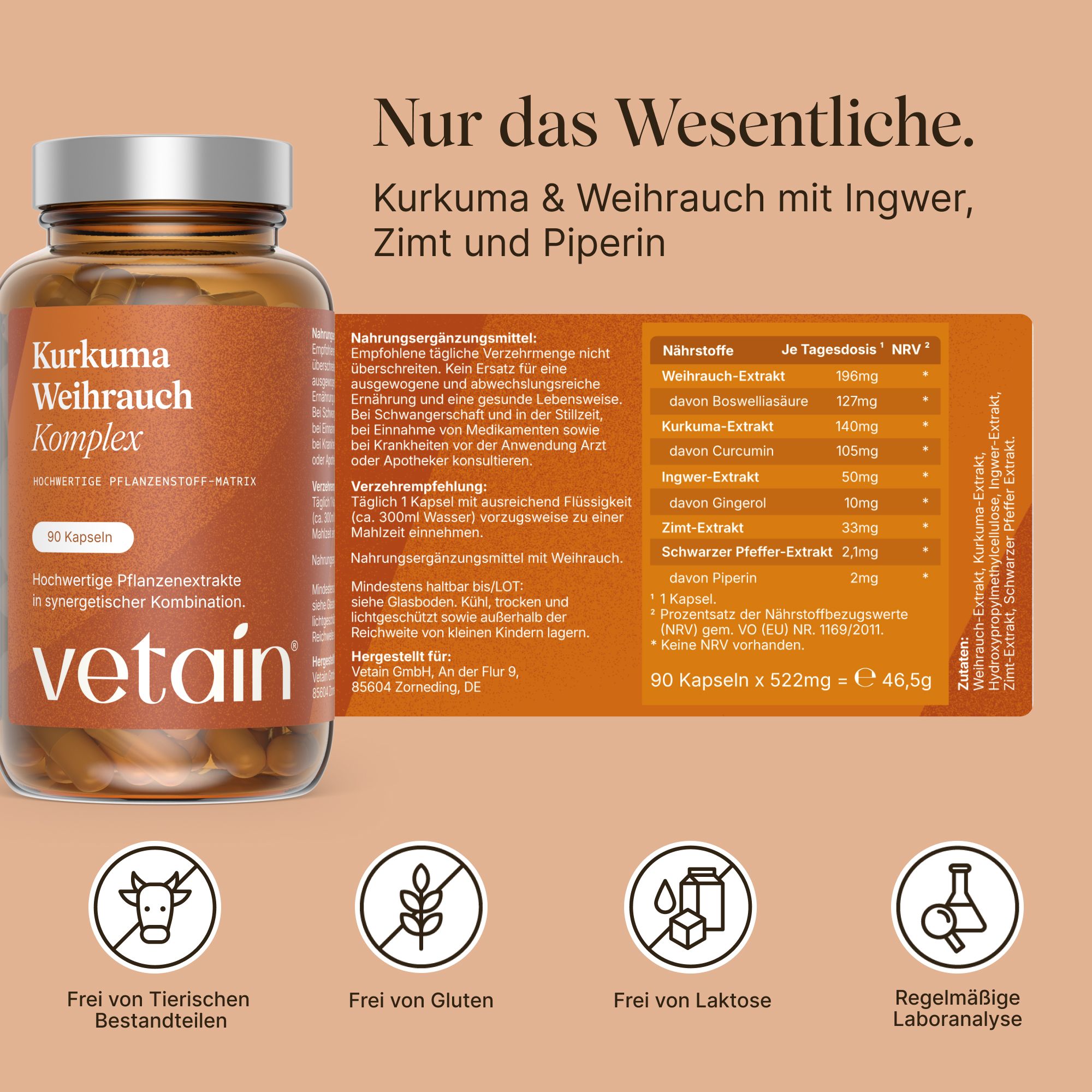 Vetain Kurkuma Weihrauch Komplex: Flasche, Nährwerttabelle und Siegel für tierfreie, gluten- und laktosefreie Herstellung.