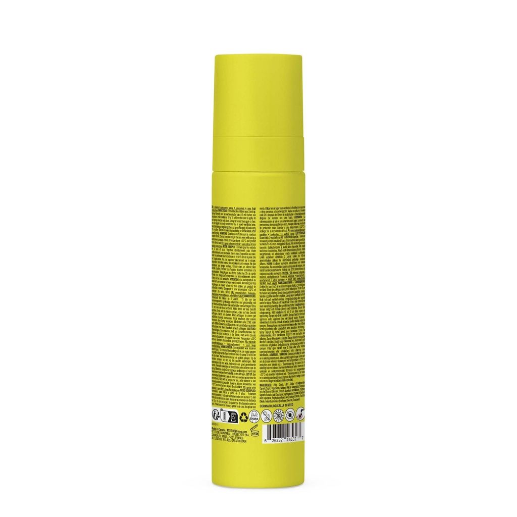 Gelbe Sprühflasche mit detaillierten Anweisungen und Zertifizierungen.