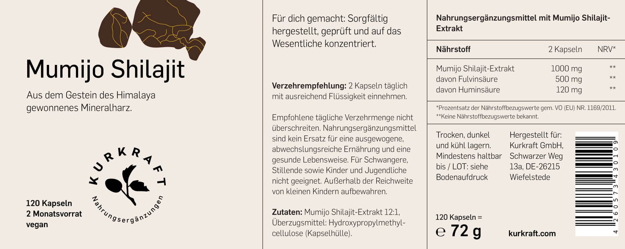 Etikett mit Produktinformationen. Text: Mumijo Shilajit, 120 Kapseln, 2 Monatsvorrat, vegan. Logo Kurkraft.