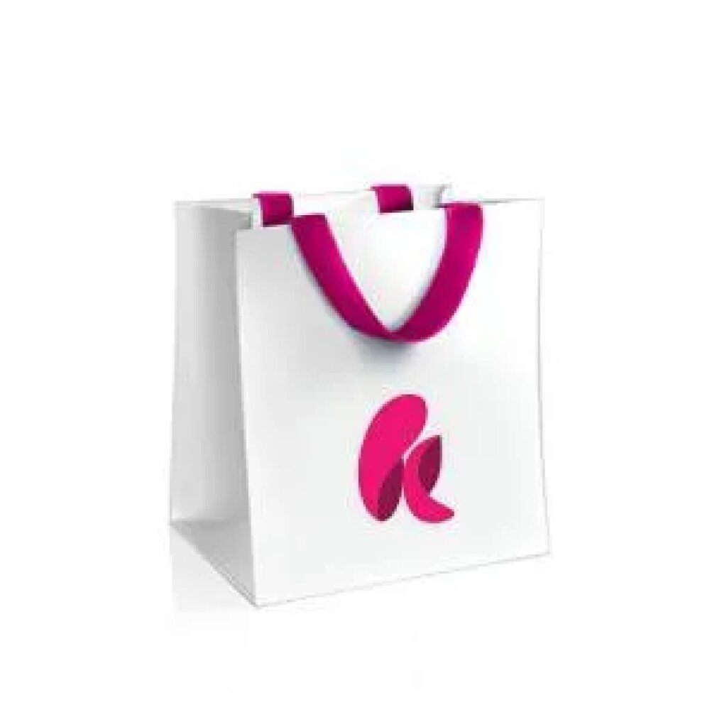 Weiße Papiertüte mit pinkfarbenen Henkeln und Logo. Das Logo ist pink und abstrakt.