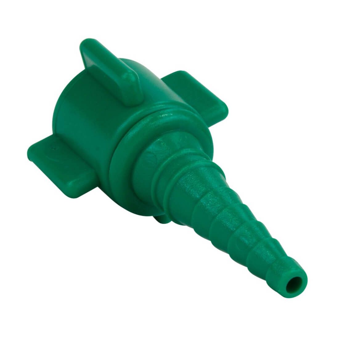 Grüne Schlauchanschlusstülle. Konische Form mit geriffelter Oberfläche. Zwei seitliche Flügel und ein Griff. Kunststoff.