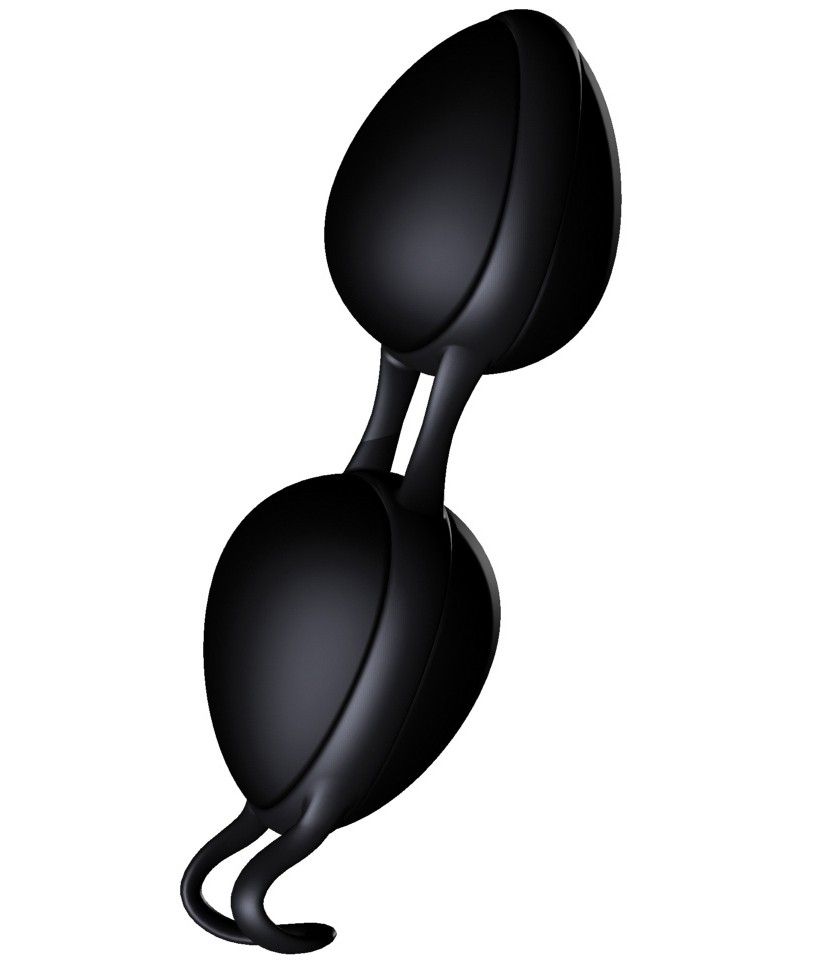 Zwei ovale, schwarze Kugeln, verbunden durch einen Stab. Am Ende befindet sich eine Schlaufe. Auf weißem Hintergrund.