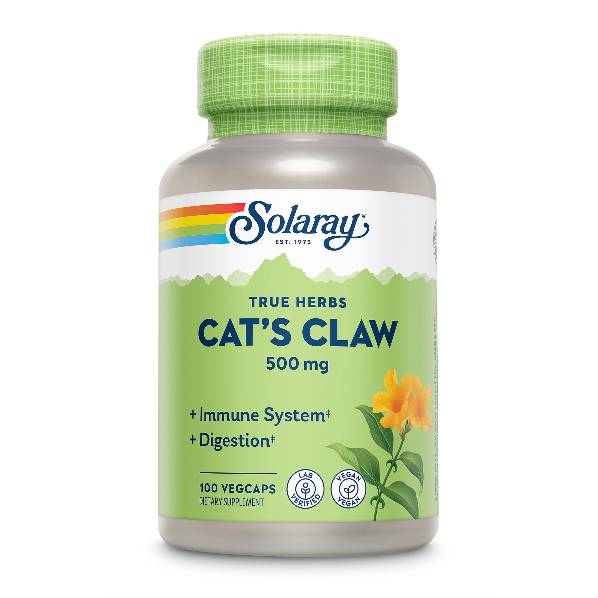 Solaray Cat's Claw-Kapseln, 500 mg. Aufschrift: True Herbs, Cat's Claw, Immune System + Digestion. 100 Vegcaps. Vegan-Zertifizierung.