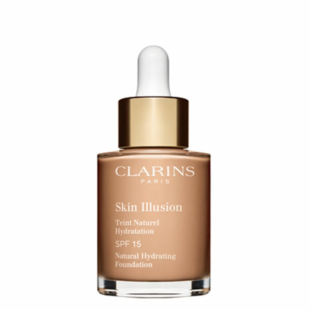 Flakon mit Foundation. Aufschrift: Clarins, Skin Illusion, SPF 15. Farbton: 108 Sand. Mit Pipette und goldfarbenem Verschluss.