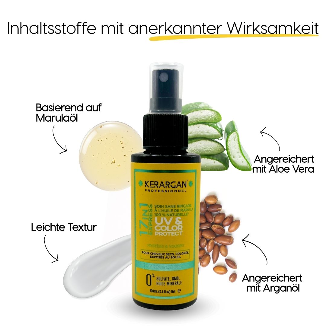 Kerargan UV & Color Protect. Flasche mit Sprühkopf. Gelbes Etikett. Inhaltsstoffe: Marulaöl, Aloe Vera, Arganöl. Text.