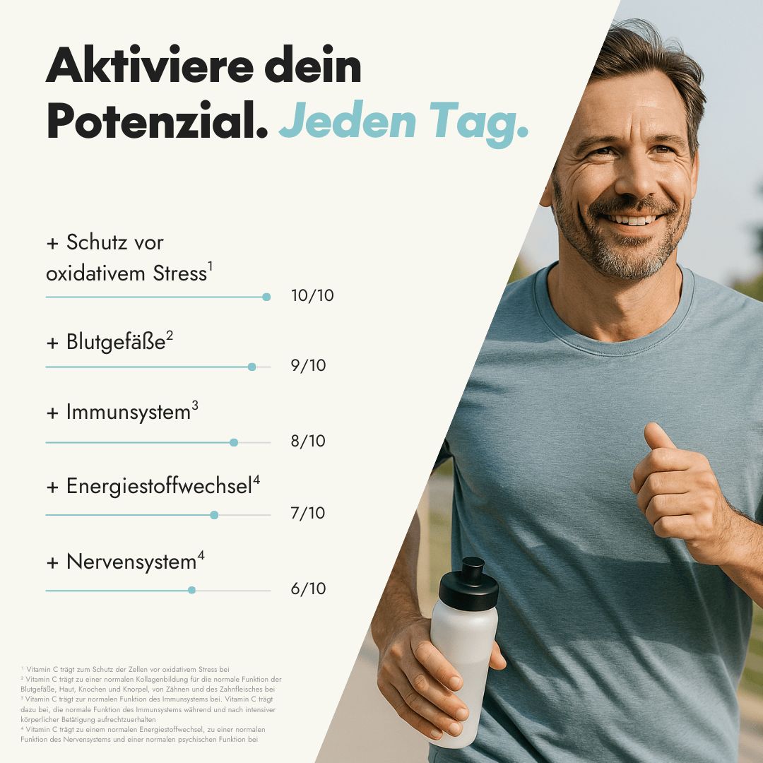 Mann joggt. Text: Aktiviere dein Potenzial. Jeden Tag. + Schutz vor oxidativem Stress, + Blutgefäße, + Immunsystem.