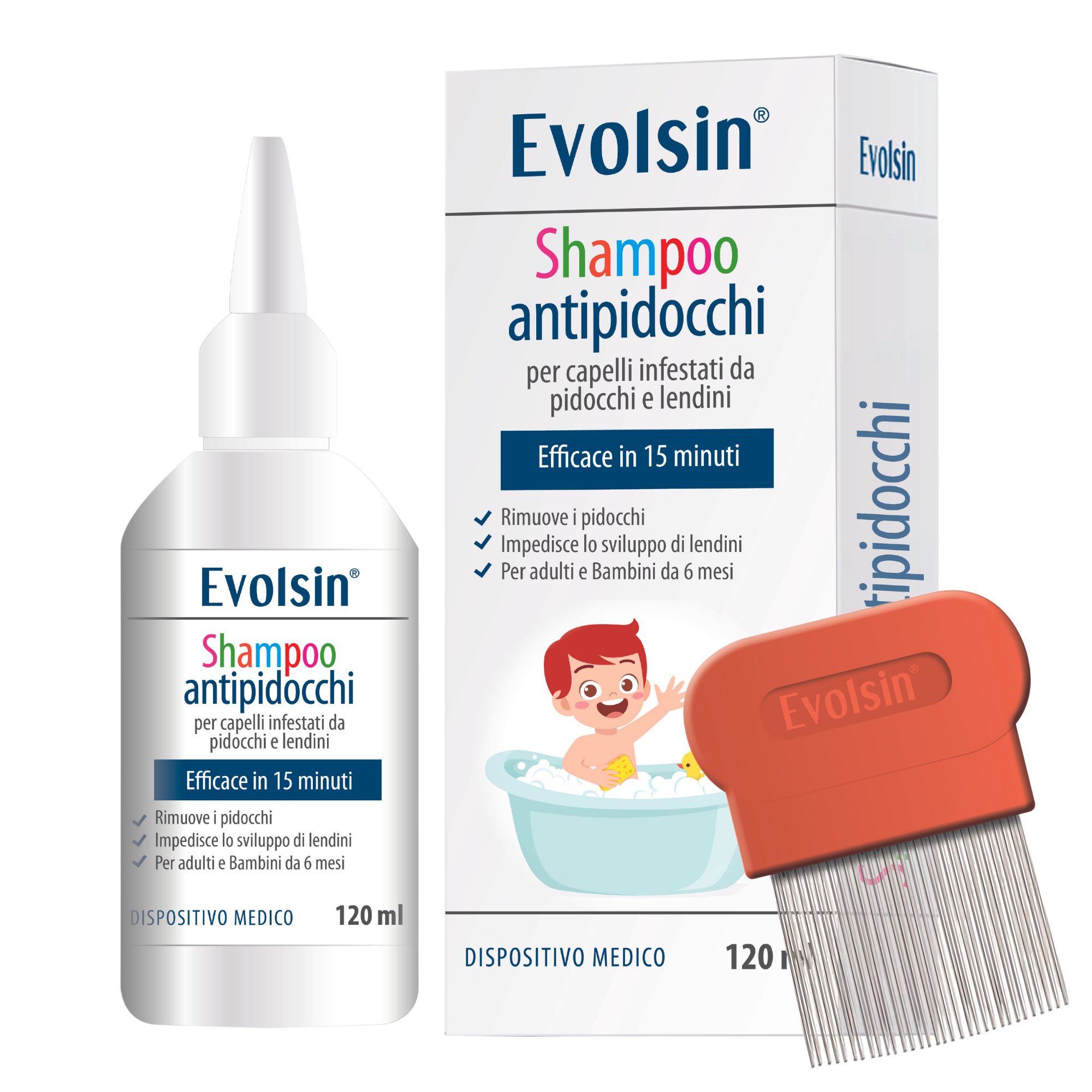 Shampoo-Flasche und Schachtel. Roter Läusekamm. Text: Shampoo antipidocchi, 120 ml. Medizinprodukt.