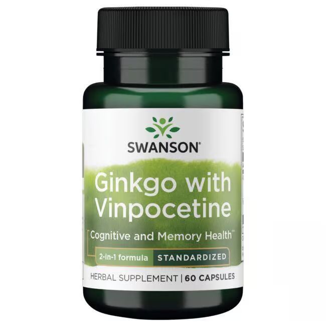 Grüne Flasche mit weißem Etikett. Aufschrift: SWANSON, Ginkgo mit Vinpocetin, 60 Kapseln.