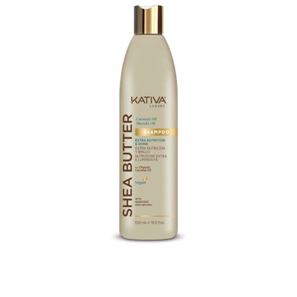 Beige Shampoo-Flasche mit goldfarbenem Deckel. Aufschrift: Shea Butter, Kativa Luxury, Shampoo, Extra Nutrition & Shine, Vegan.