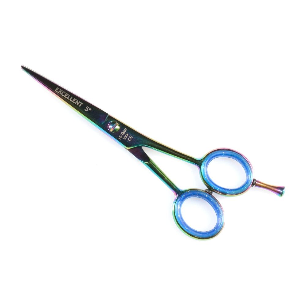 Haarschere mit Regenbogen-Effekt. Aufschrift: EXCELLENT 5". Blaue Ringe für die Finger. CE-Kennzeichnung.