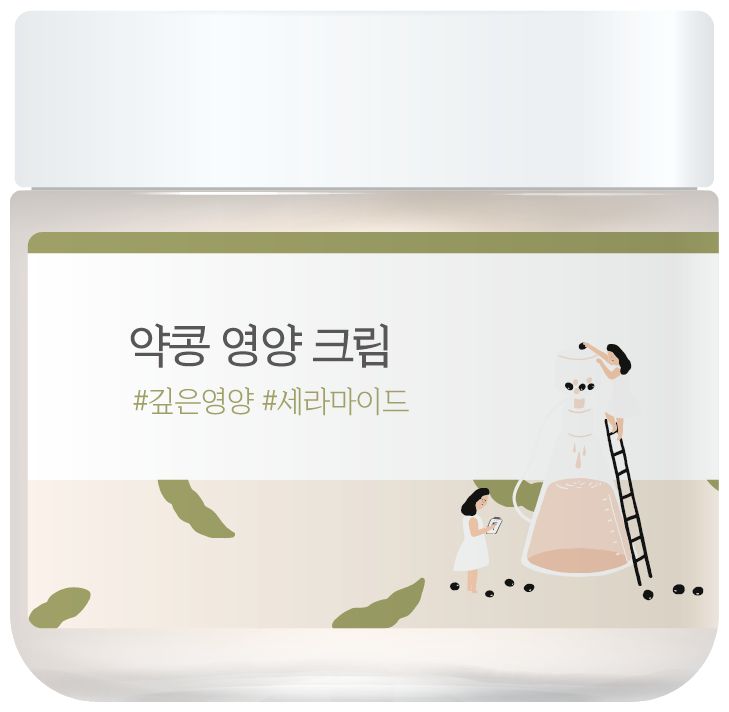 Cremebehälter mit weißem Deckel und Etikett. Auf dem Etikett koreanischer Text und eine Illustration. Der Behälter steht auf einer hellen Oberfläche.
