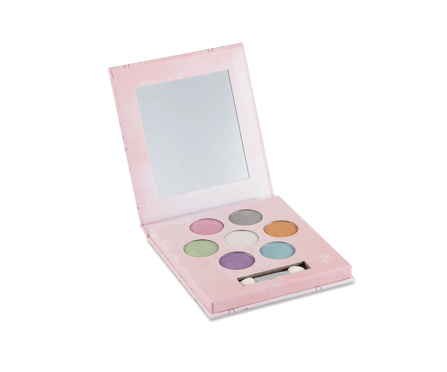 Geöffnete, rosa Make-up-Palette mit Spiegel und sieben bunten Lidschatten. Inklusive Applikator.