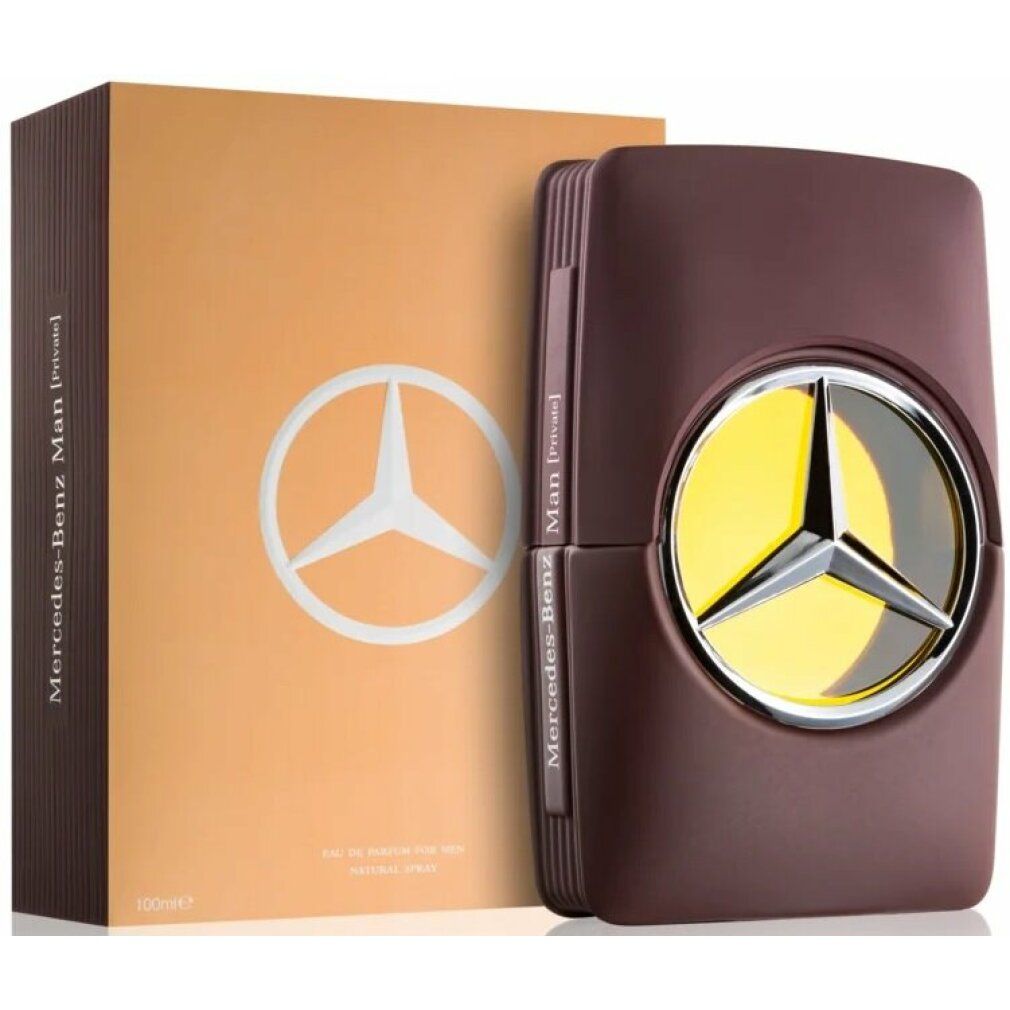 Parfümflasche und Verpackung. Flasche braun, Logo gelb/silber. Verpackung goldfarben, Logo silber.