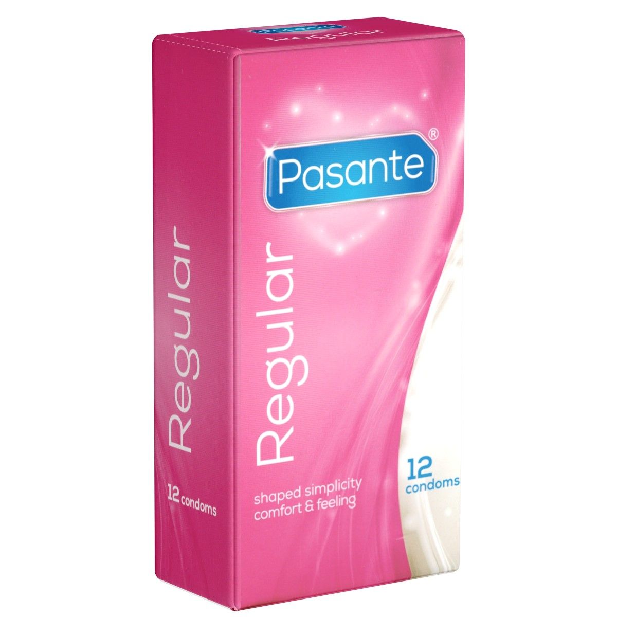 Rosa Schachtel mit 'Pasante Regular', 12 Kondomen. Text: 'shaped simplicity comfort & feeling'.