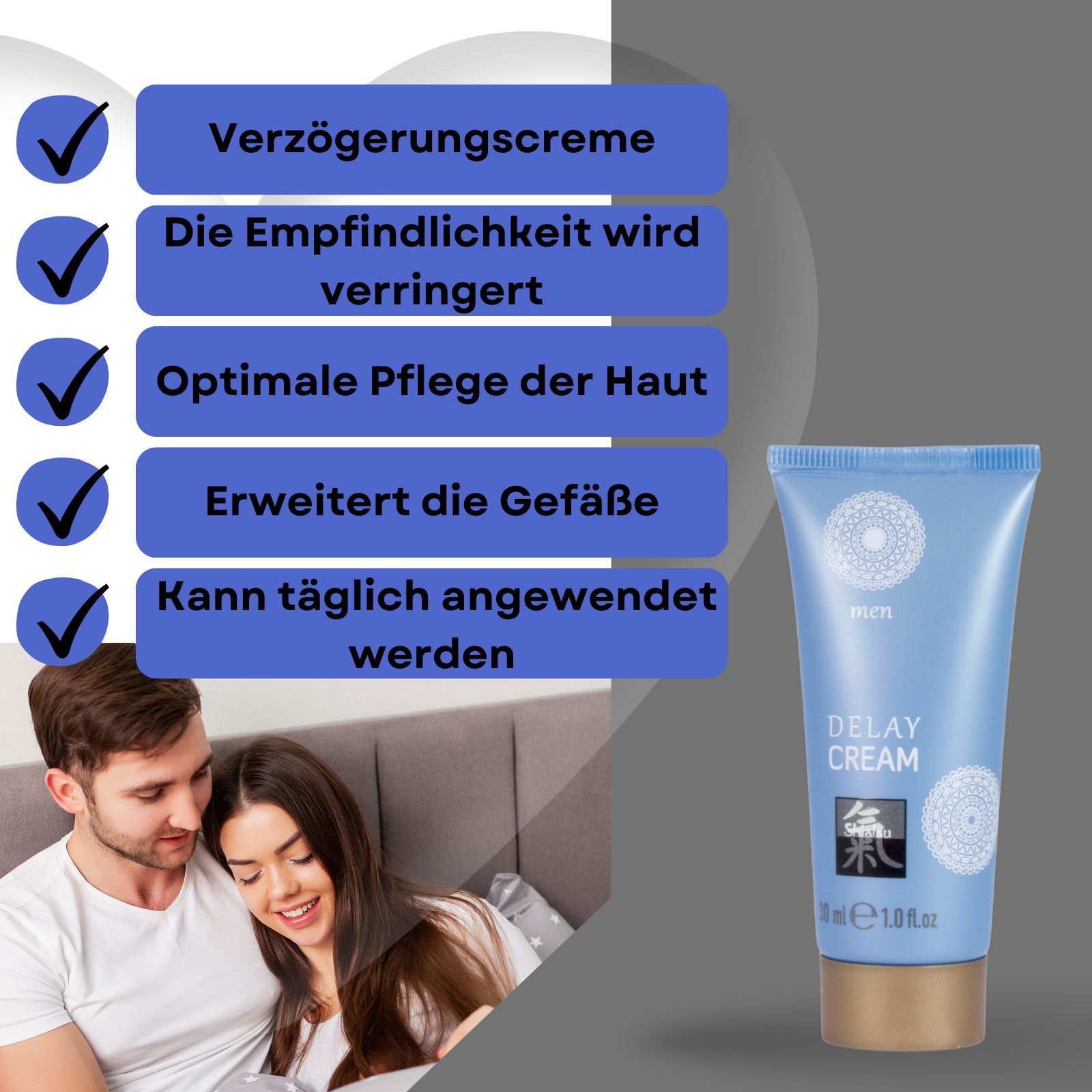 Blaue Tube und Text. Text: DELAY CREAM, Shiatsu, 30 ml. Paar im Hintergrund.