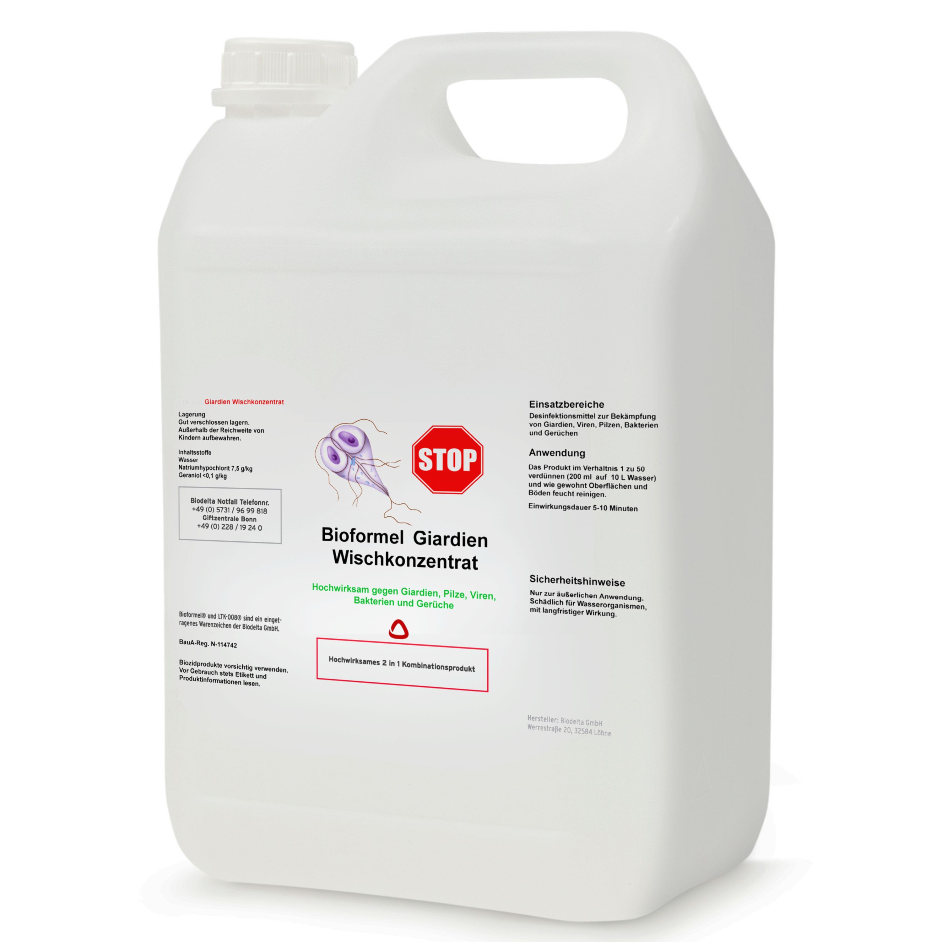 Weißer Kanister mit Aufschrift: Bioformel Giardien Wischkonzentrat. Stop-Zeichen. Aufschrift: Made in Germany.