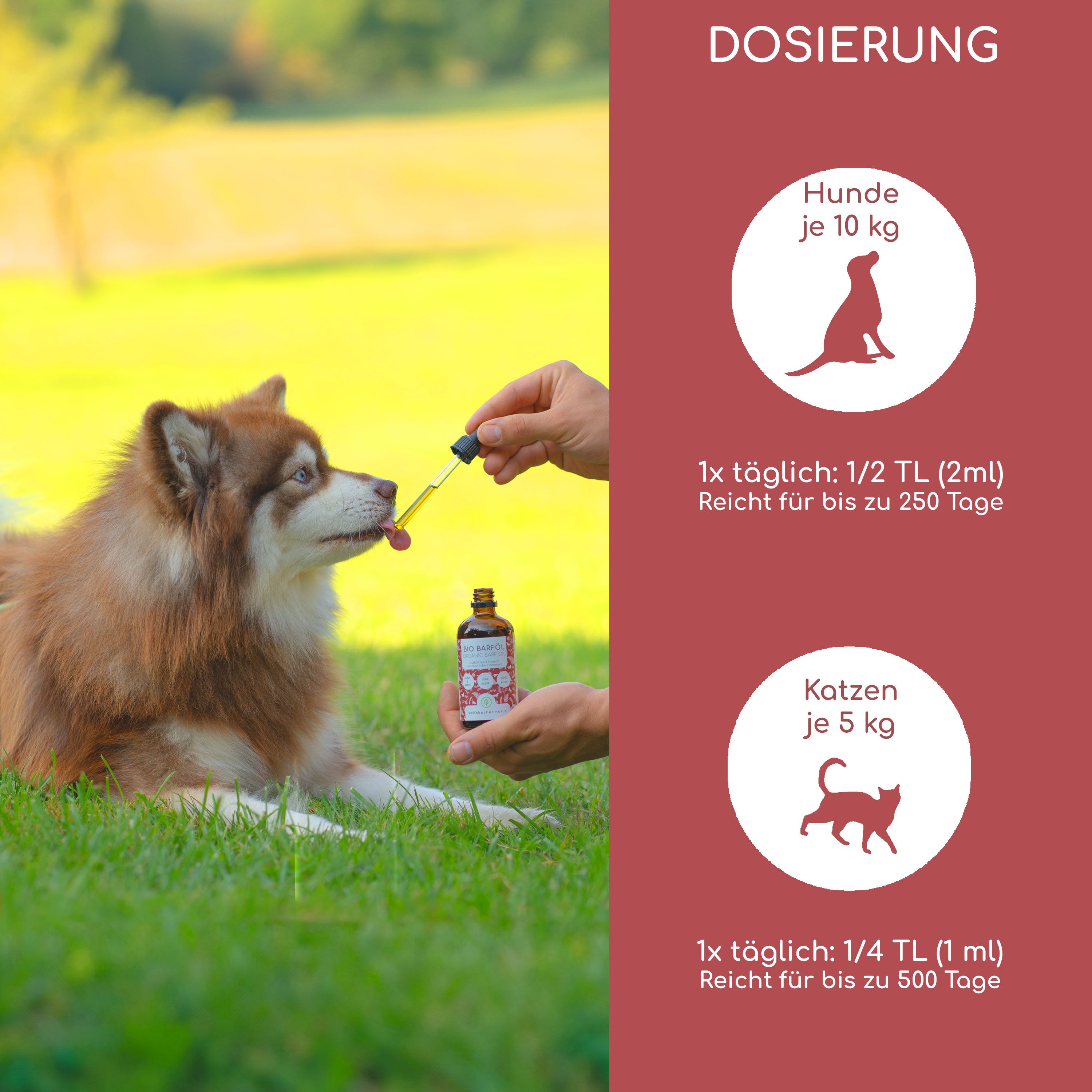 Dosierung: Hunde 10 kg, 1x täglich 1/2 TL (2ml). Katzen 5 kg, 1x täglich 1/4 TL (1ml). Flasche BIO Barföl.