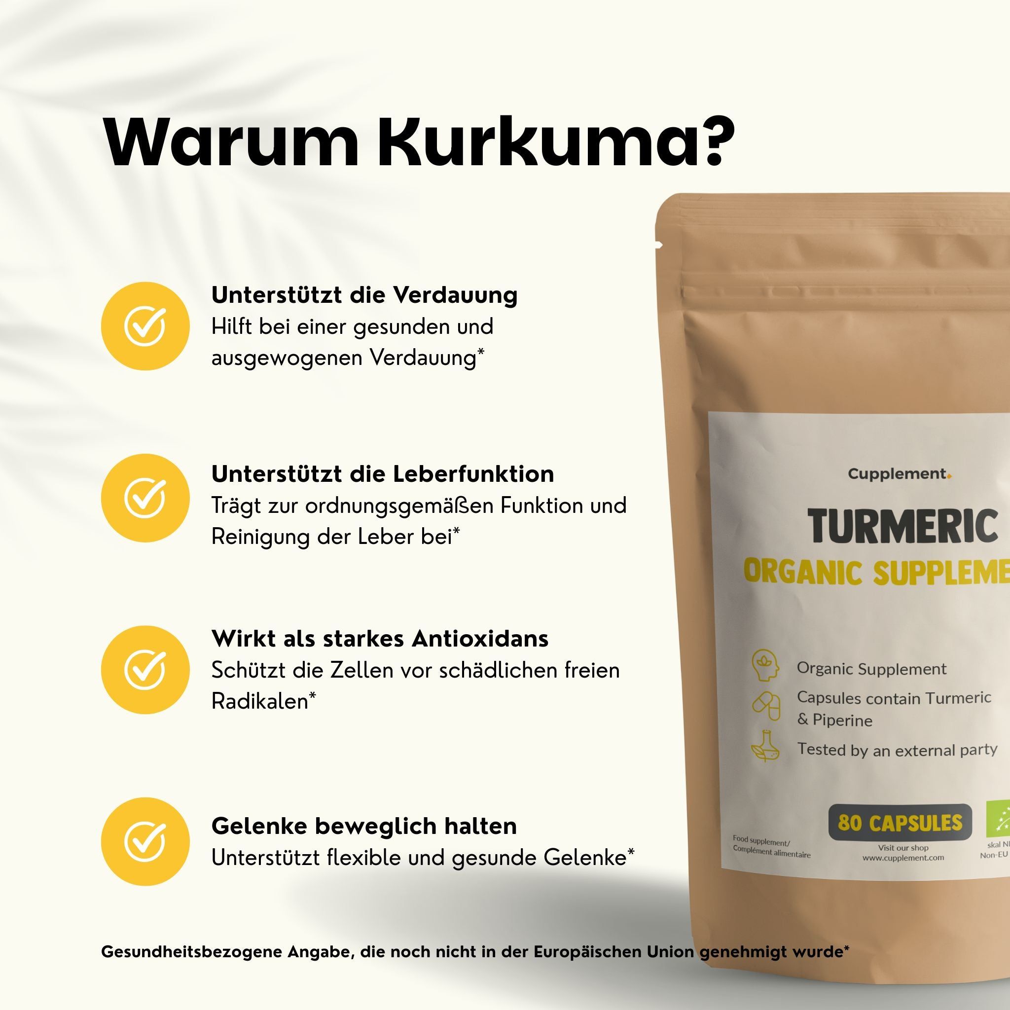 Beutel mit Kurkuma-Kapseln. Text: Turmeric Organic Supplements. 80 Kapseln. Bio-Siegel. Vorteile.
