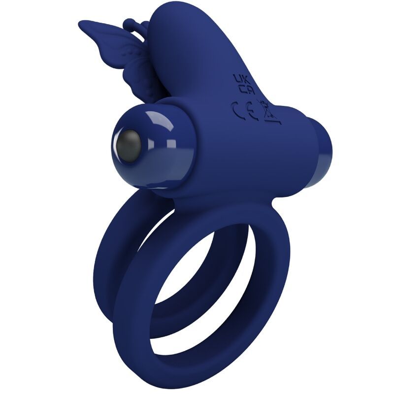 Blauer Doppelring mit Schmetterling-Design. Zwei Ringe, Vibrationsmodul und CE-Kennzeichnung.
