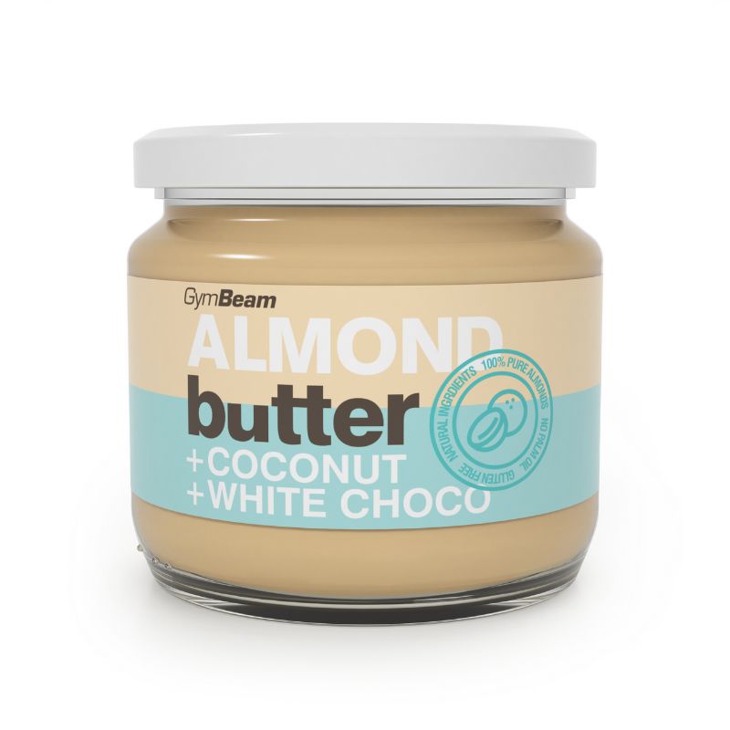 Glas Mandelbutter mit Kokosnuss und weißer Schokolade, cremiger Brotaufstrich.