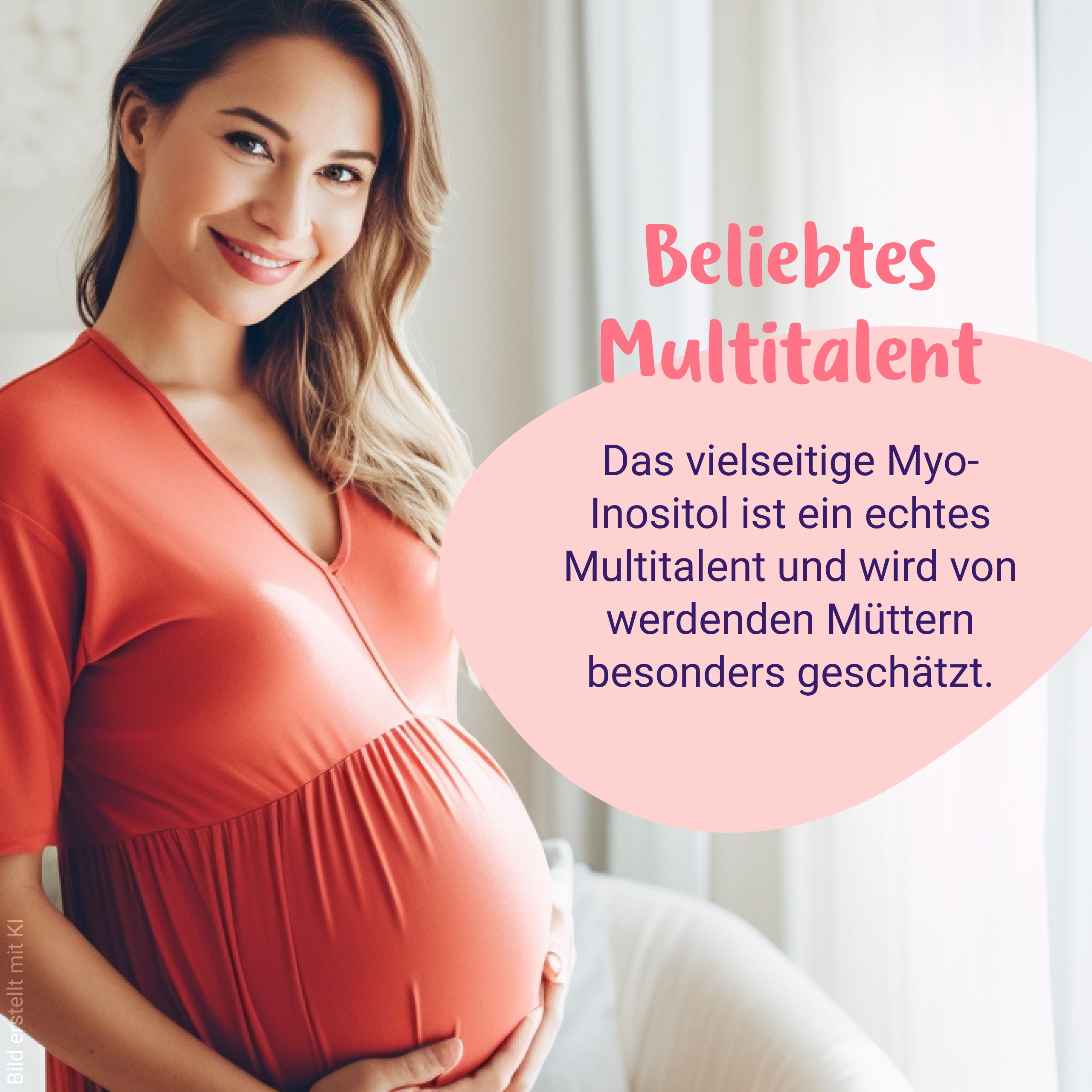 Schwangere Frau hält ihren Bauch, lächelnd. Text: Beliebtes Multitalent für werdende Mütter.